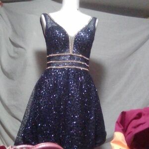 Dancing Queen Blue and Gold Asymmetrical Backless Mini Dress